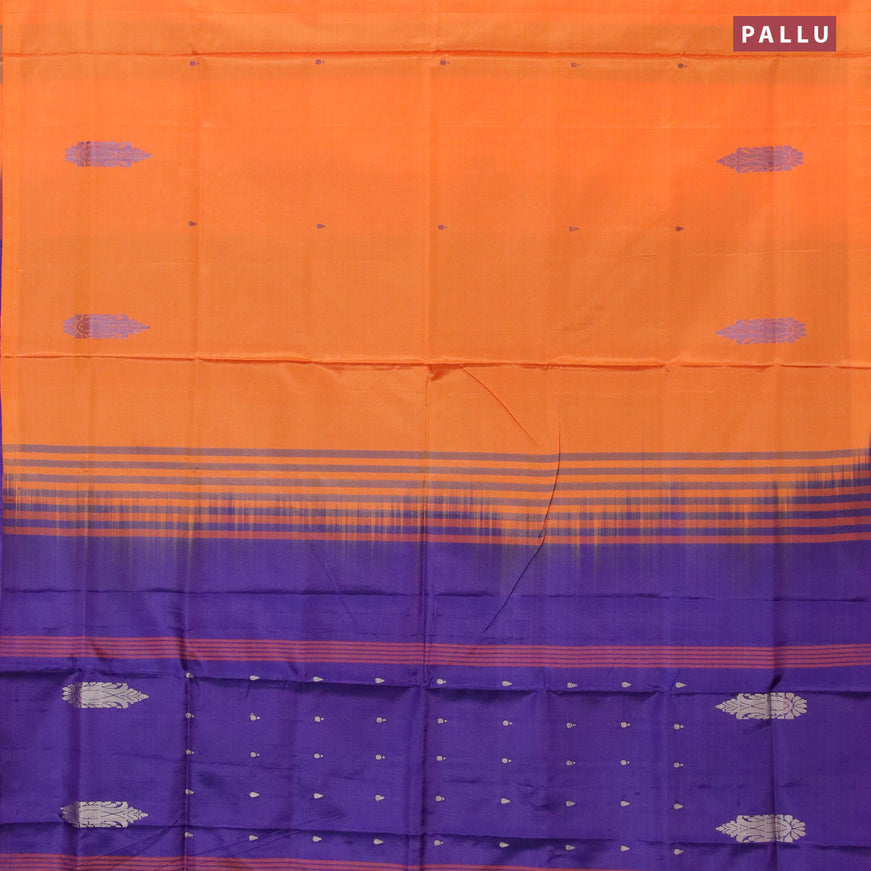 Banana pith saree orange and blue with thread woven buttas in borderless style with blouse