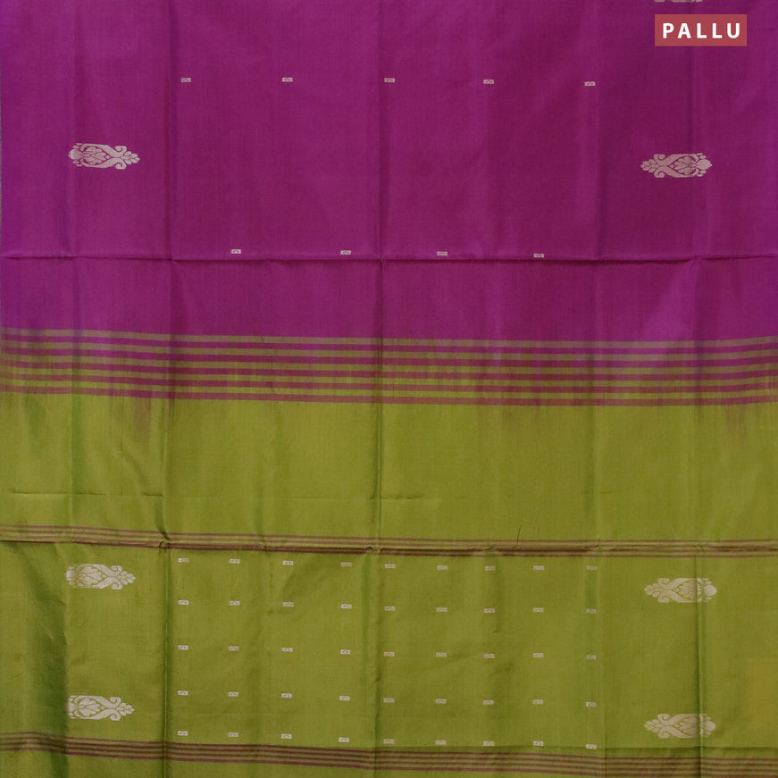 Banana pith saree purple and mehendi green with thread woven buttas in borderless style with blouse