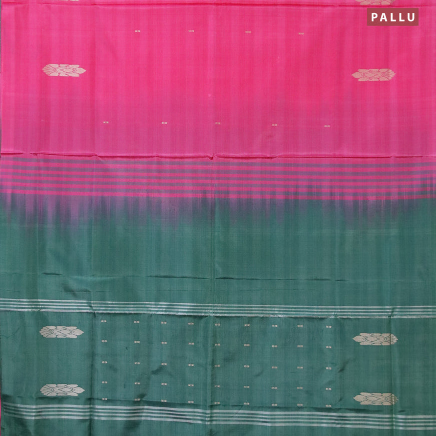 Banana pith saree pink and green with thread woven buttas in borderless style with blouse