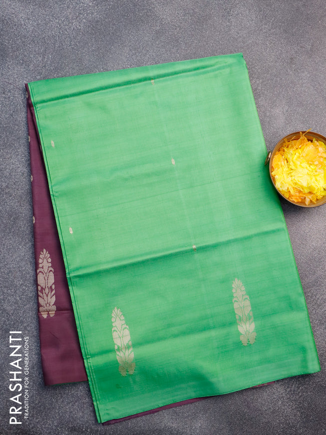 Banana pith saree light green and deep wine shade with thread woven buttas in borderless style with blouse