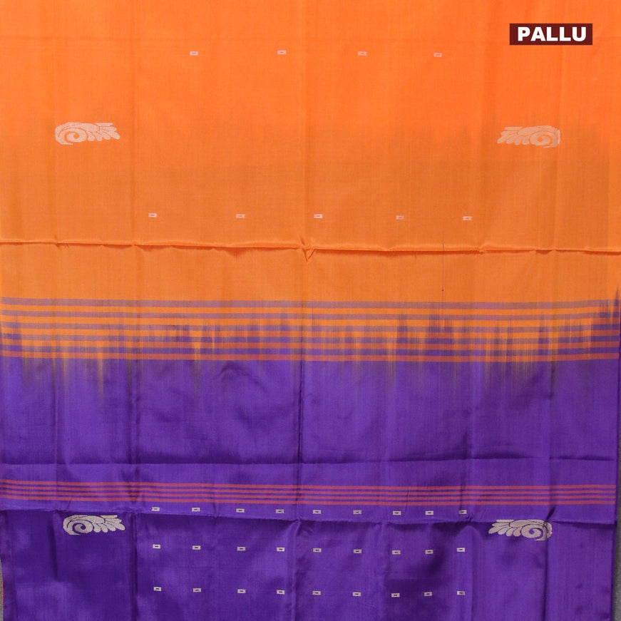Banana pith saree mango yellow and violet with thread woven buttas in borderless style with blouse