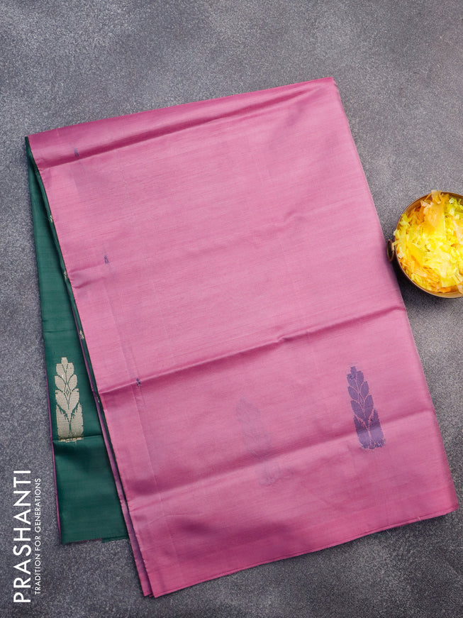 Banana pith saree pink and dark green with thread woven buttas in borderless style with blouse