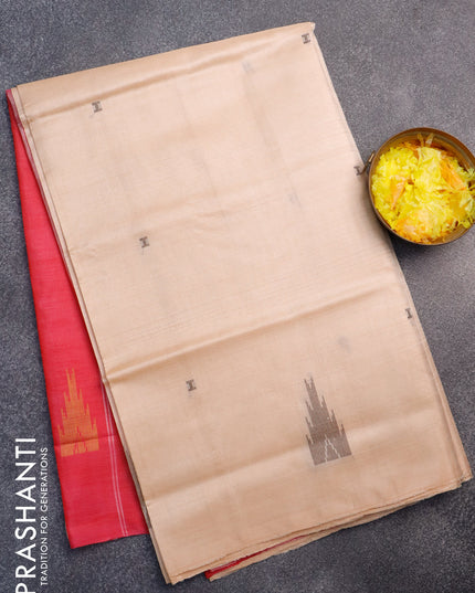 Banana pith saree sandal and pink with thread woven buttas in borderless style with blouse
