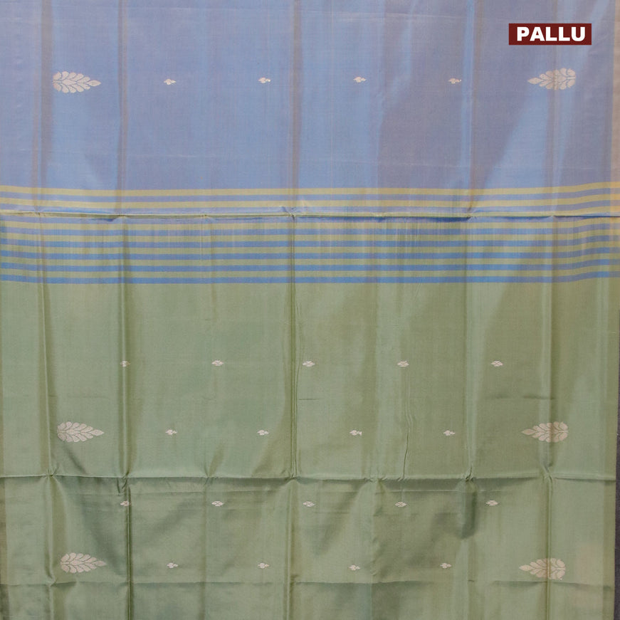 Banana pith saree dual shade of bluish beige and pastel green with thread woven buttas in borderless style with blouse
