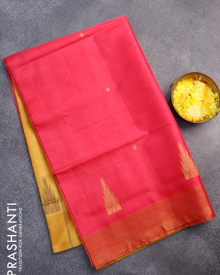 Banana pith saree dark pink and mango yellow with allover thread weaves & buttas and contrast border with blouse