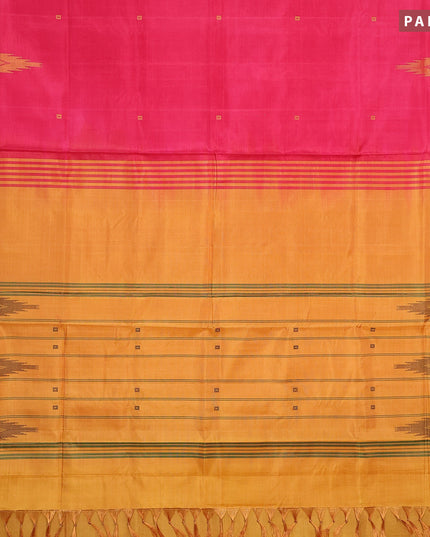 Banana pith saree dark pink and mango yellow with allover thread weaves & buttas and contrast border with blouse