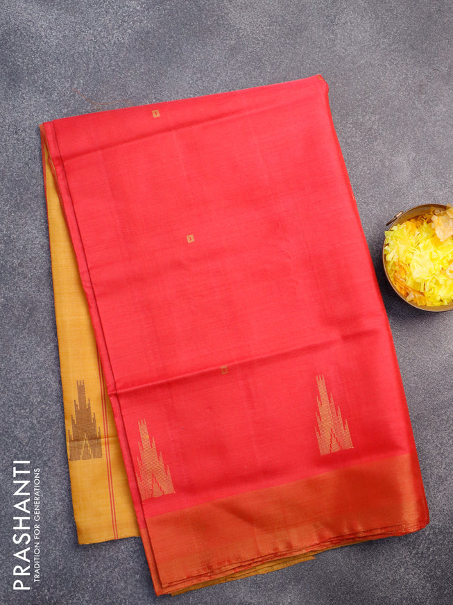 Banana pith saree pink and mustard yellow with thread woven buttas and contrast border with blouse