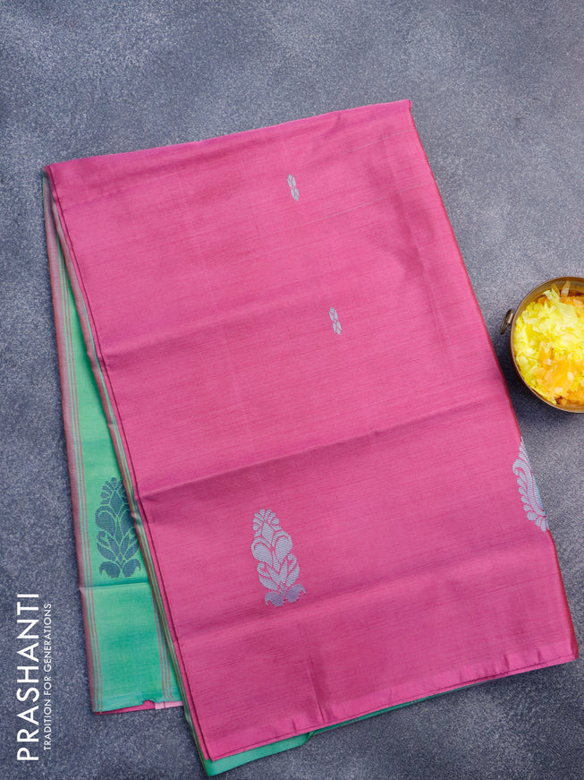 Banana pith saree pink and dual shade green with thread woven buttas in borderless style with blouse