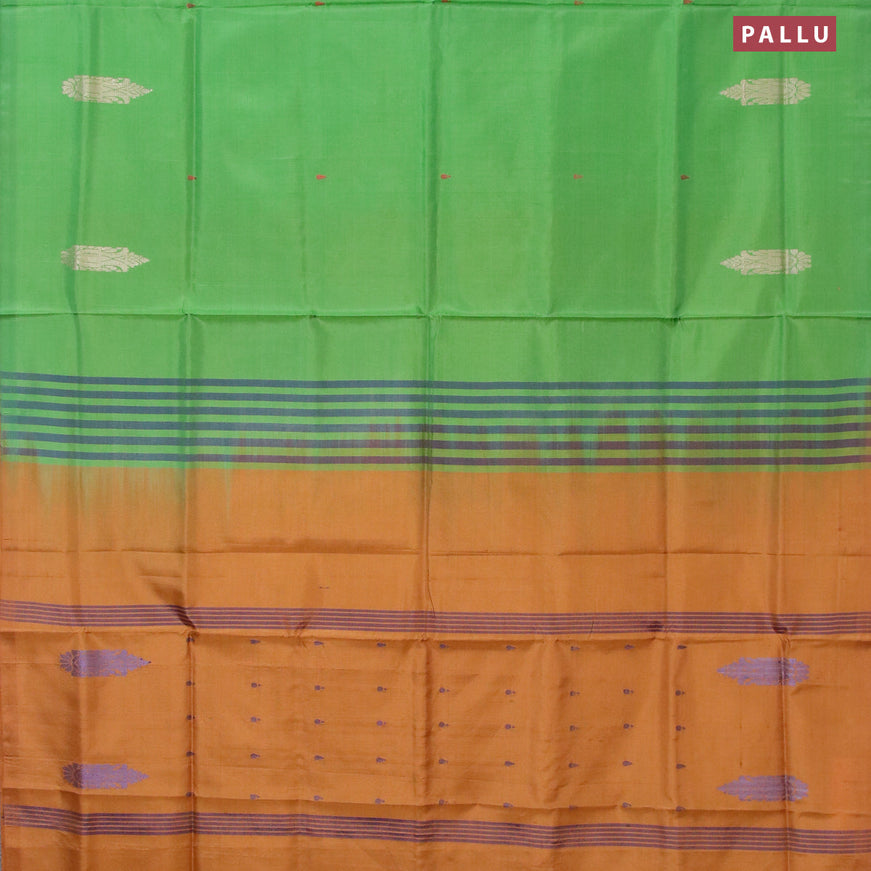 Banana pith saree green and dark mustard with thread woven buttas in borderless style with blouse