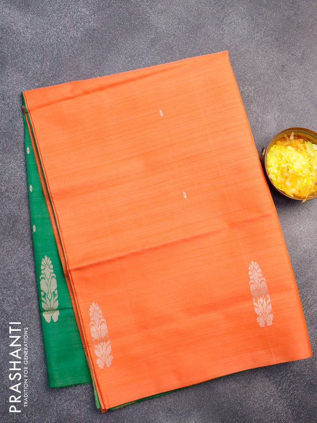 Banana pith saree orange and green with thread woven buttas in borderless style with blouse
