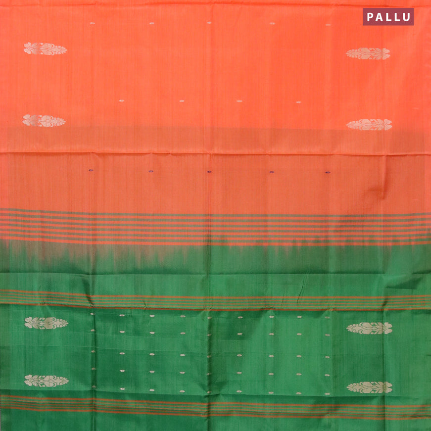 Banana pith saree orange and green with thread woven buttas in borderless style with blouse