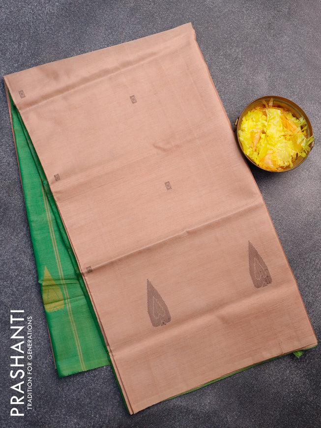 Banana pith saree sandal and green with thread woven buttas in borderless style with blouse