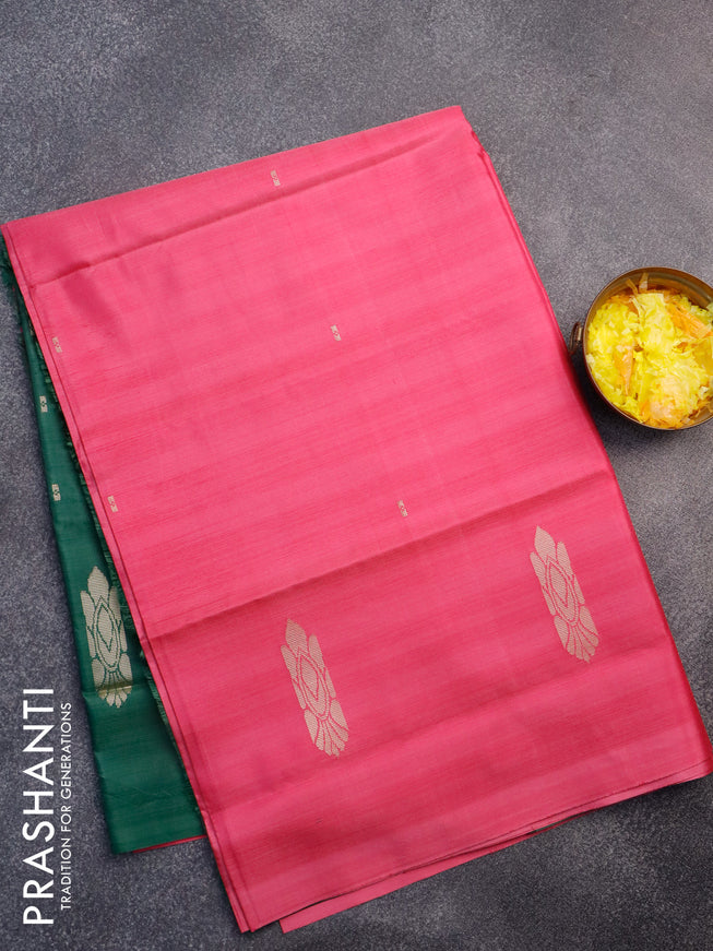 Banana pith saree pink and dark green with thread woven buttas in borderless style with blouse