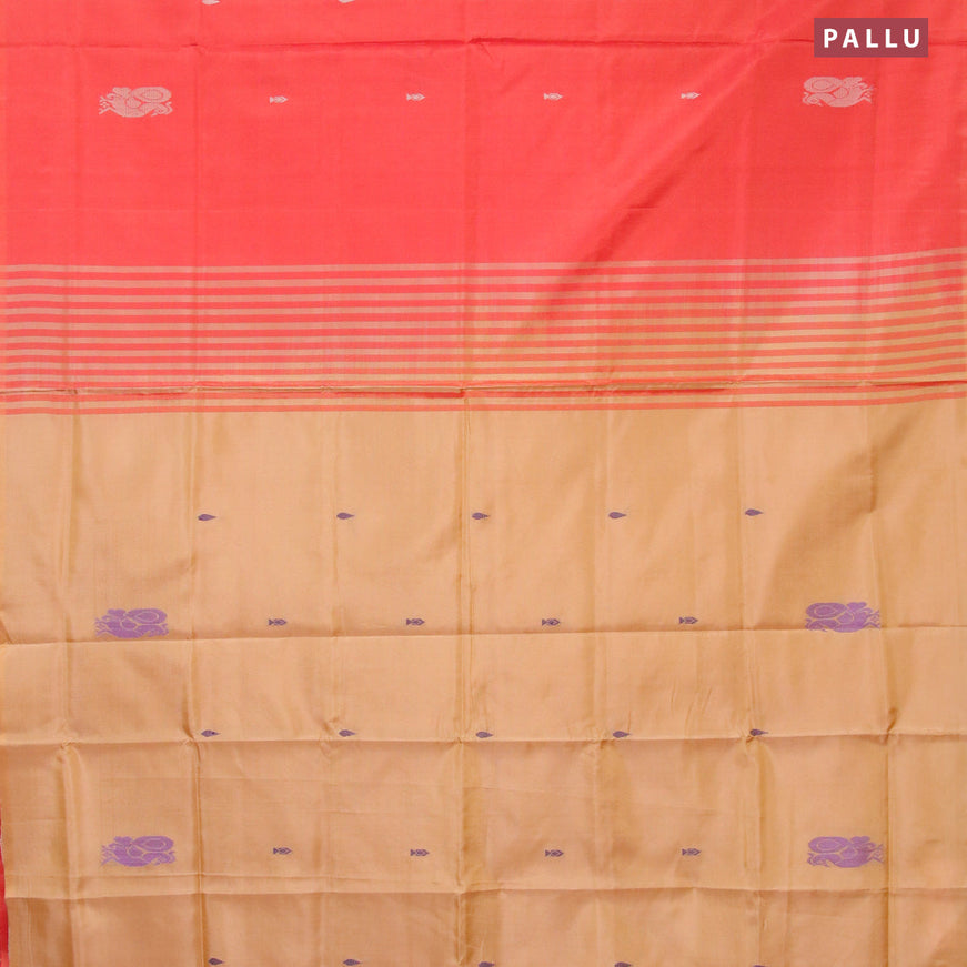 Banana pith saree orange and sandal with thread woven buttas in borderless style with blouse