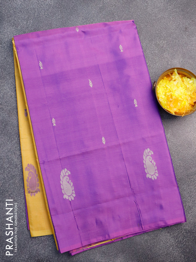 Banana pith saree purple and mustard yellow with thread woven buttas in borderless style with blouse