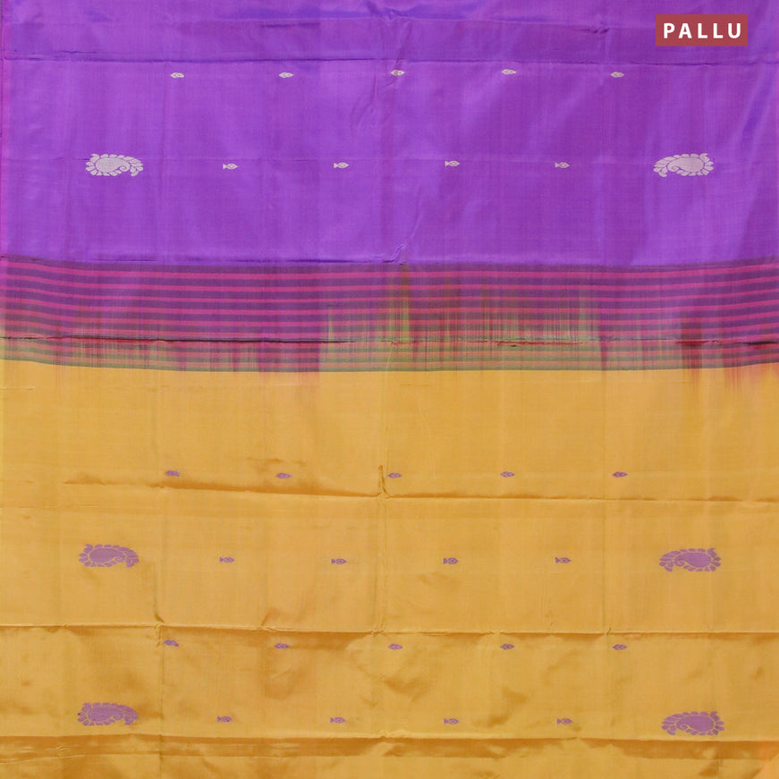 Banana pith saree purple and mustard yellow with thread woven buttas in borderless style with blouse