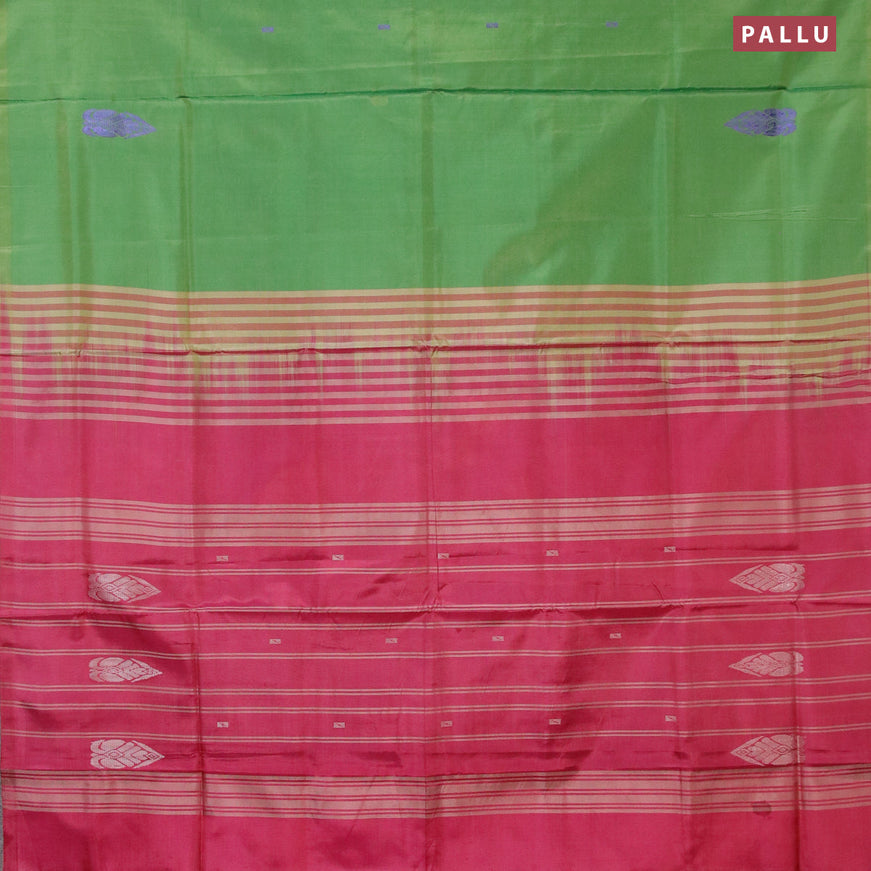 Banana pith saree green and maroon with thread woven buttas in borderless style with blouse