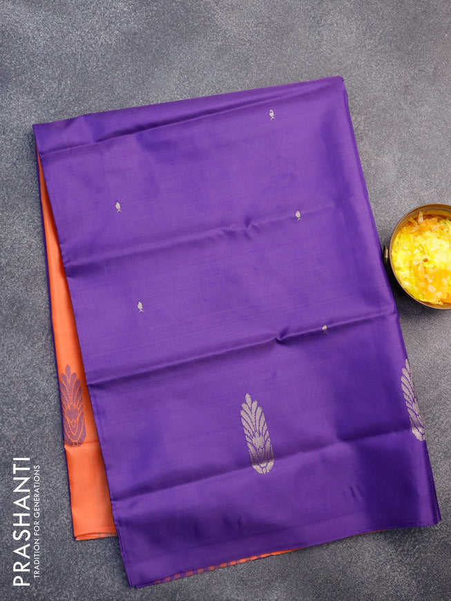 Banana pith saree violet and orange with thread woven buttas in borderless style with blouse
