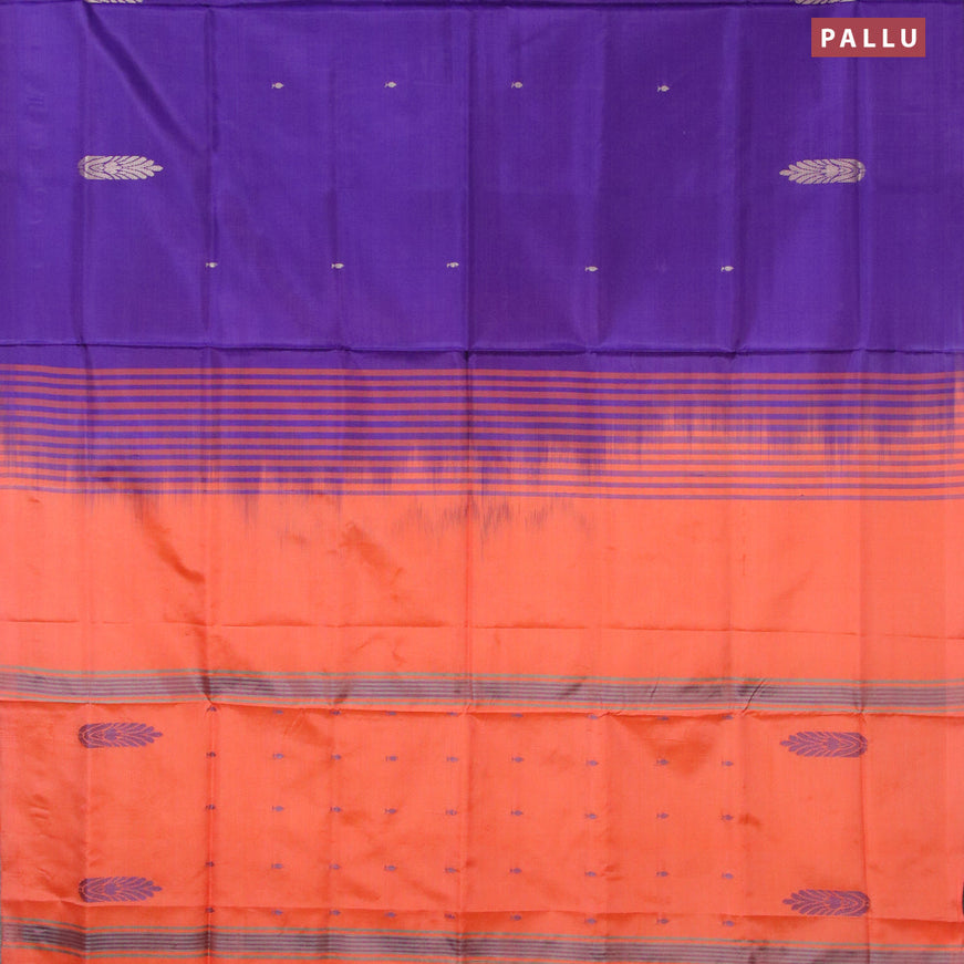 Banana pith saree violet and orange with thread woven buttas in borderless style with blouse