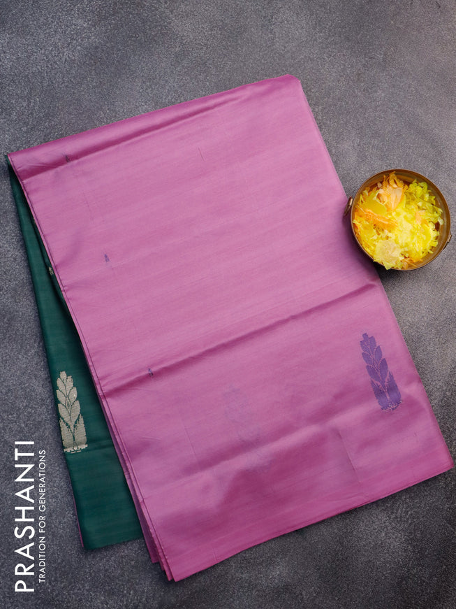 Banana pith saree lotus pink and dark green with thread woven buttas in borderless style with blouse