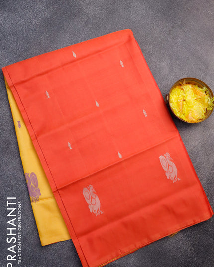 Banana pith saree reddish pink and mango yellow with thread woven buttas in borderless style with blouse
