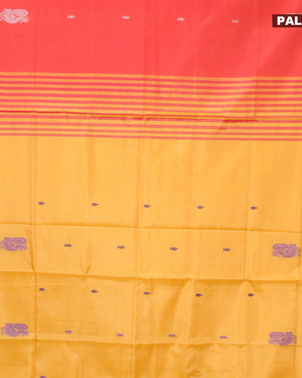 Banana pith saree reddish pink and mango yellow with thread woven buttas in borderless style with blouse
