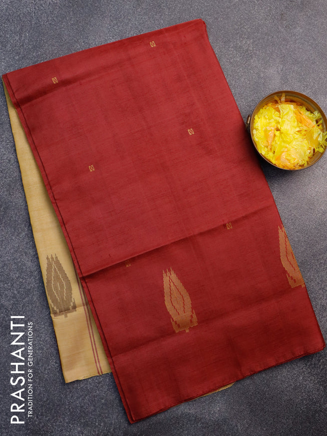 Banana pith saree maroon and yellow shade with thread woven buttas in borderless style with blouse