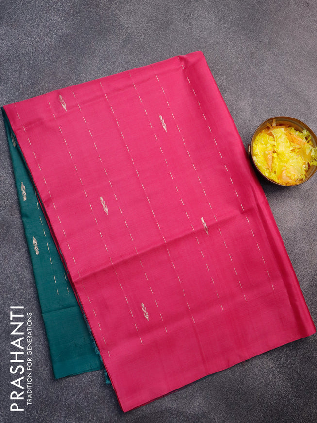 Banana pith saree pink and peacock green with thread woven buttas in borderless style with blouse