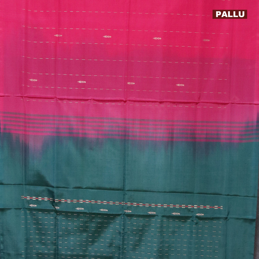 Banana pith saree pink and peacock green with thread woven buttas in borderless style with blouse