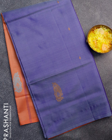 Banana pith saree violet shade and rustic orange with thread woven buttas in borderless style with blouse