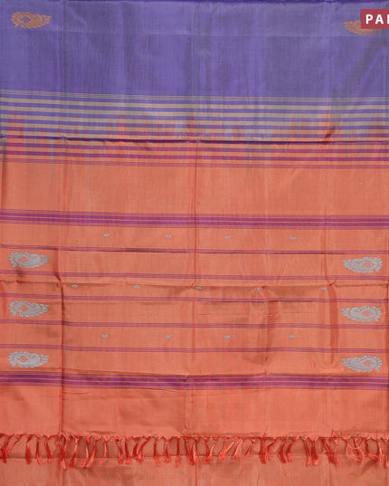 Banana pith saree violet shade and rustic orange with thread woven buttas in borderless style with blouse