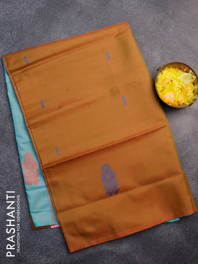 Banana pith saree dual shade of green shade and teal blue with thread woven buttas in borderless style with blouse