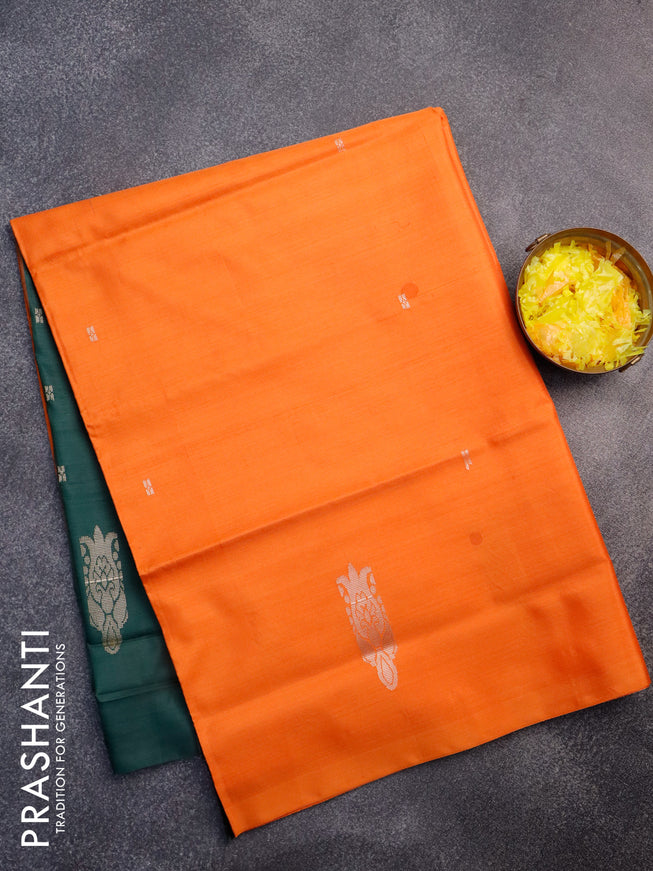 Banana pith saree orange and bottle green with thread woven buttas in borderless style with blouse