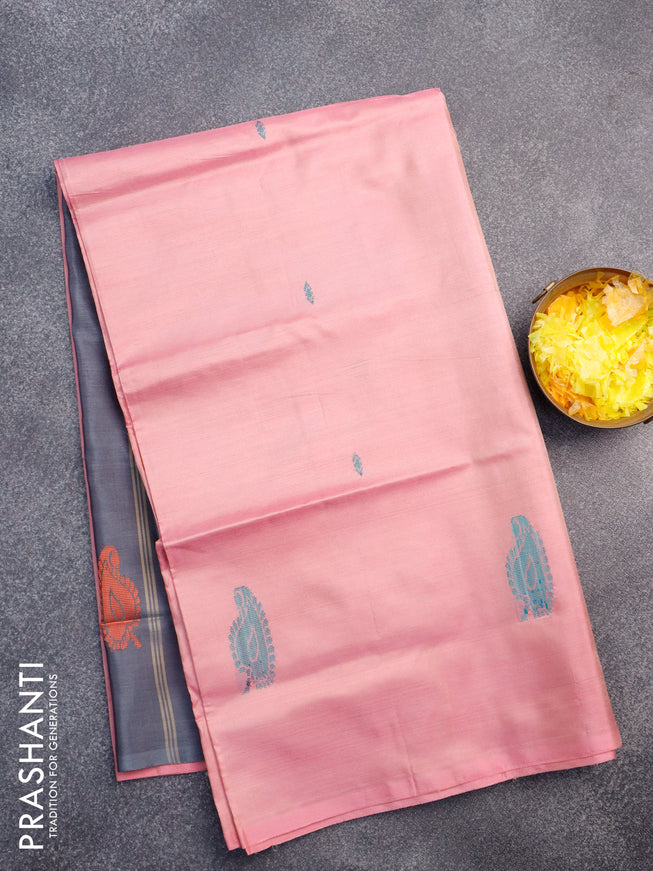 Banana pith saree pink and grey with thread woven buttas in borderless style with blouse