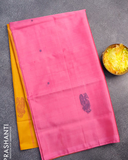 Banana pith saree pink and mustard yellow with thread woven buttas in borderless style with blouse