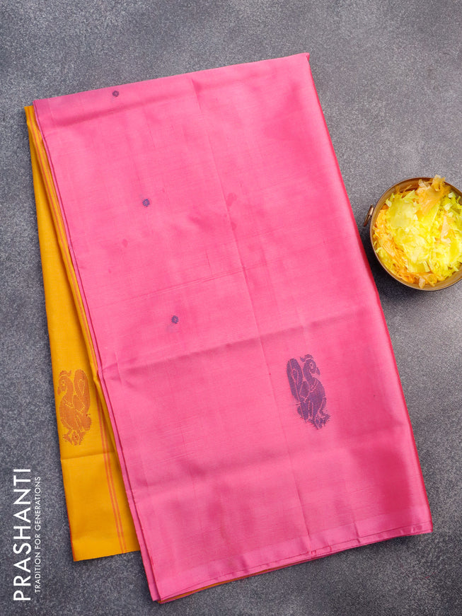 Banana pith saree pink and mustard yellow with thread woven buttas in borderless style with blouse
