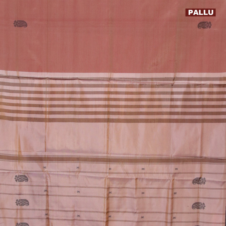 Banana pith saree dual shade of maroon and beige with thread woven buttas in borderless style with blouse