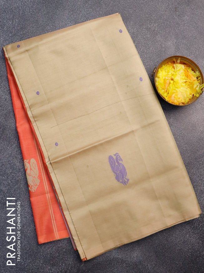 Banana pith saree beige and peach orange with thread woven buttas in borderless style with blouse