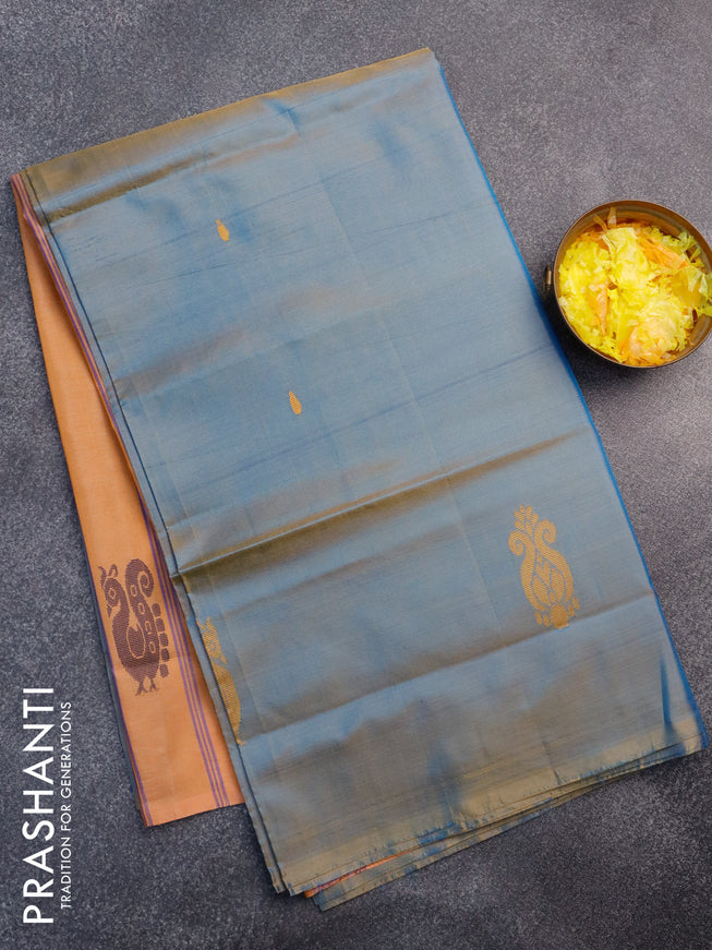 Banana pith saree dual shade of blue and pale orange with thread woven buttas in borderless style with blouse