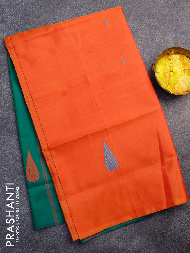 Banana pith saree dual shade of pinkish orange and green with thread woven buttas in borderless style with blouse