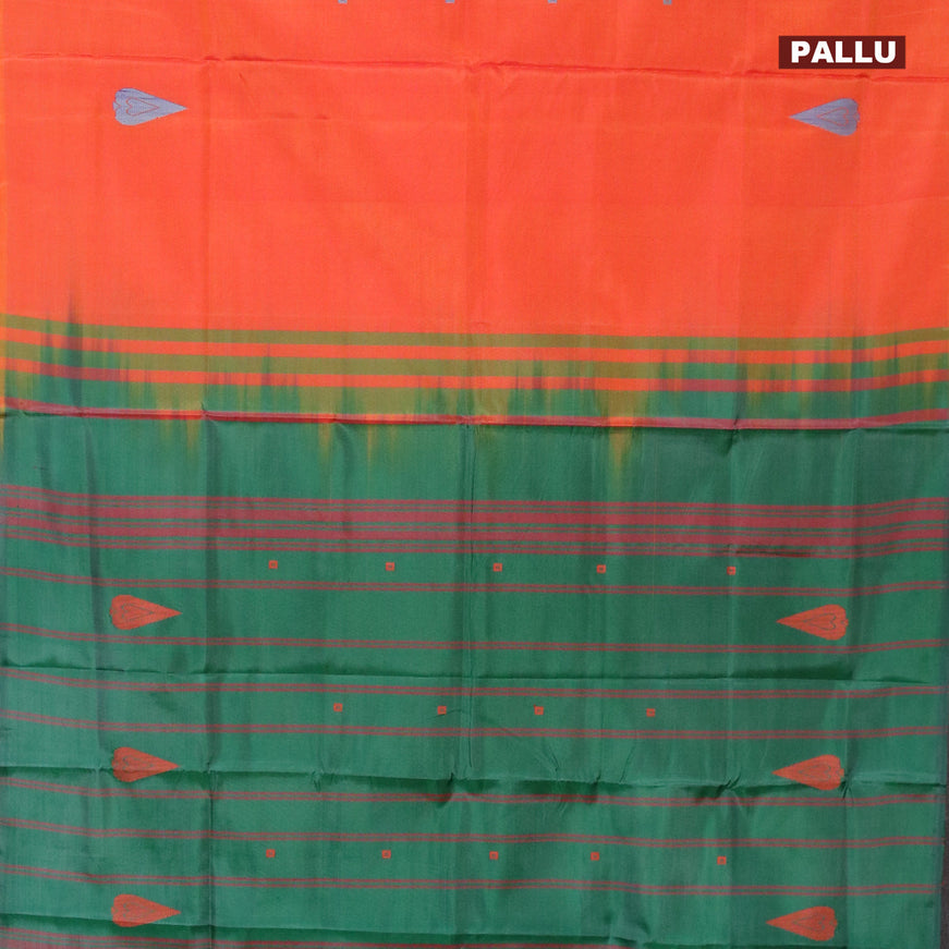 Banana pith saree dual shade of pinkish orange and green with thread woven buttas in borderless style with blouse