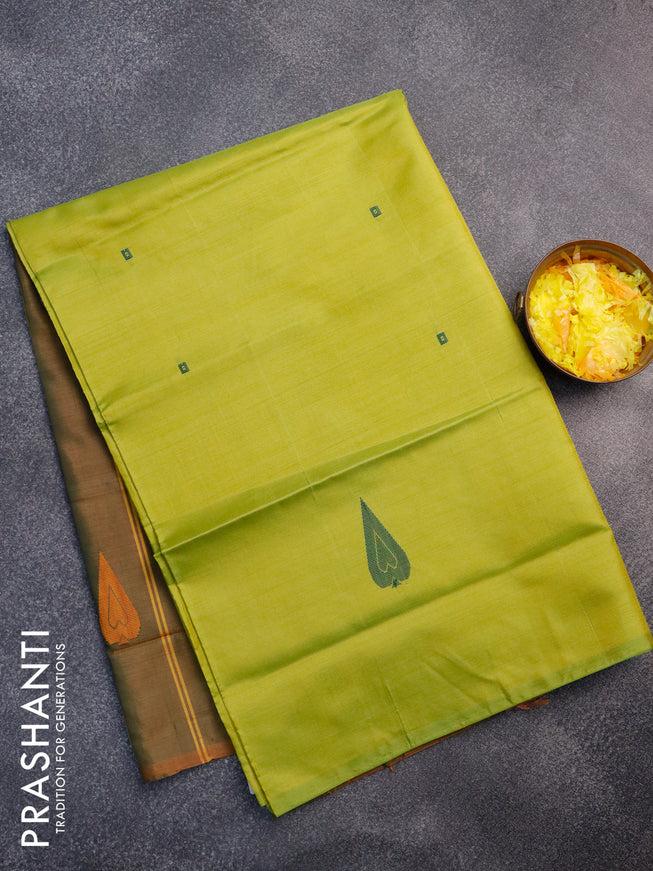 Banana pith saree light green and dual shade of greenish rust with thread woven buttas in borderless style with blouse