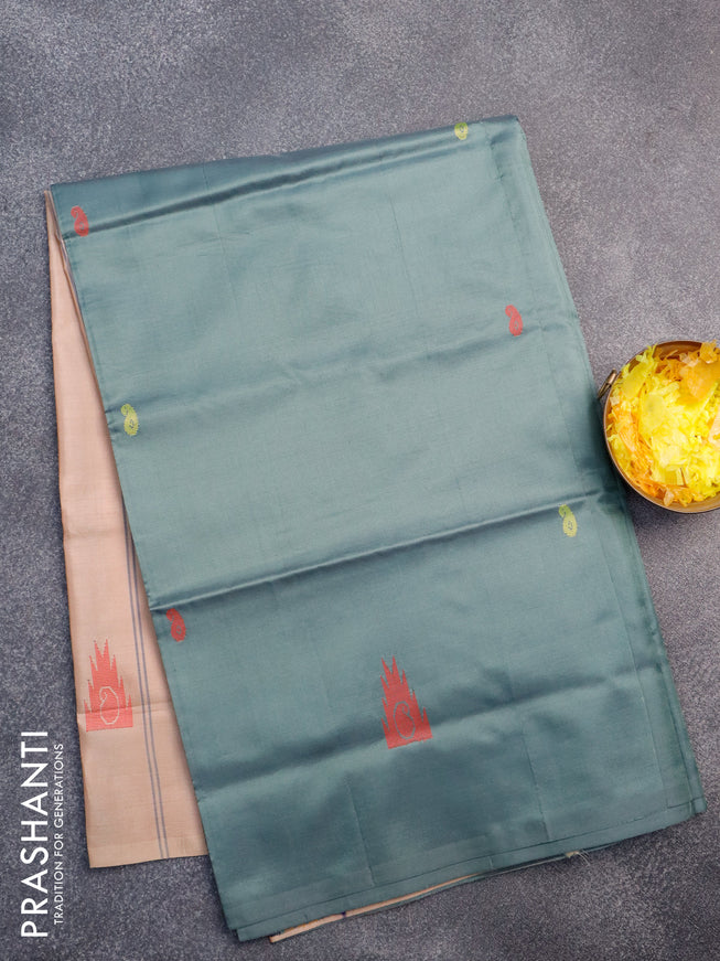 Banana pith saree pastel green and pasteal peach with thread woven buttas in borderless style with blouse