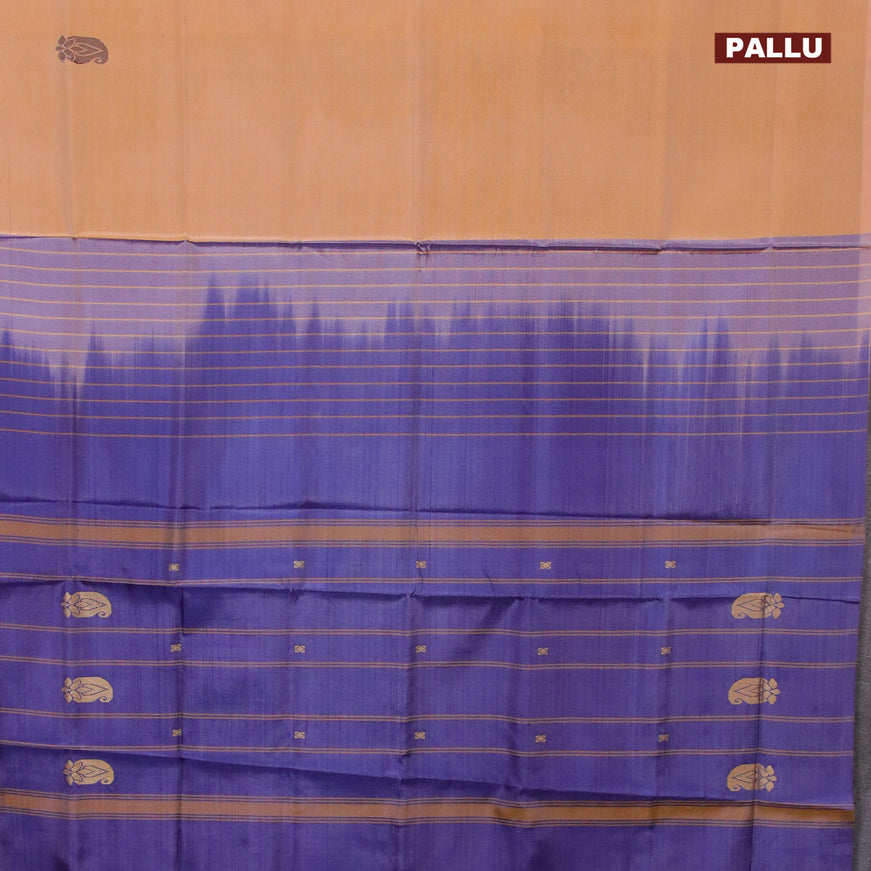 Banana pith saree pale orange and blue with thread woven buttas in borderless style with blouse