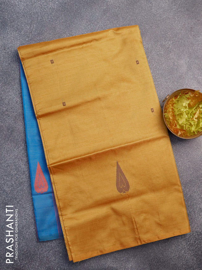 Banana pith saree mango yellow and cs blue with thread woven buttas in borderless style with blouse