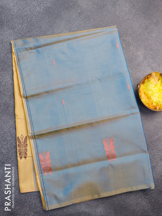 Banana pith saree dual shade of blue and yellow with thread woven buttas in borderless style with blouse