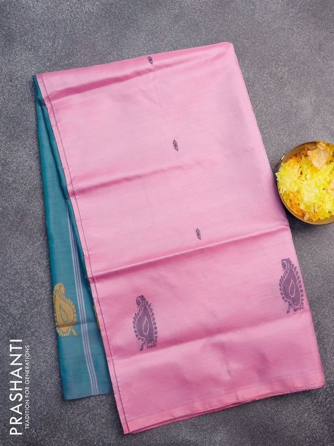 Banana pith saree light pink and dual shade of peacock green with thread woven buttas in borderless style with blouse
