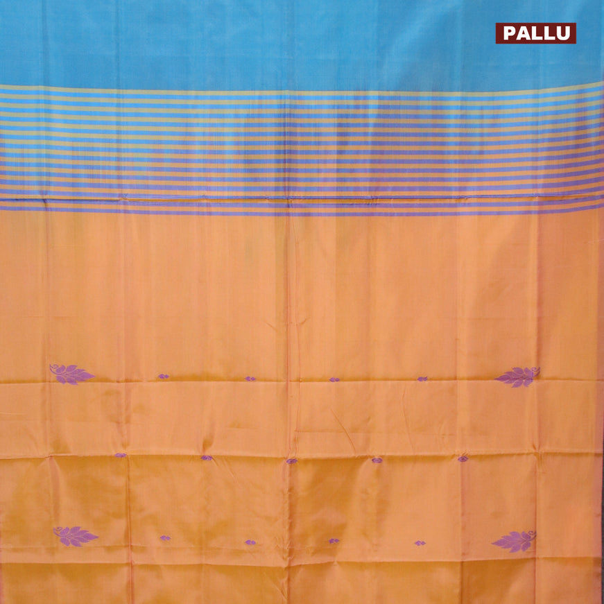 Banana pith saree cs blue and dual shade of yellow with thread woven buttas in borderless style with blouse