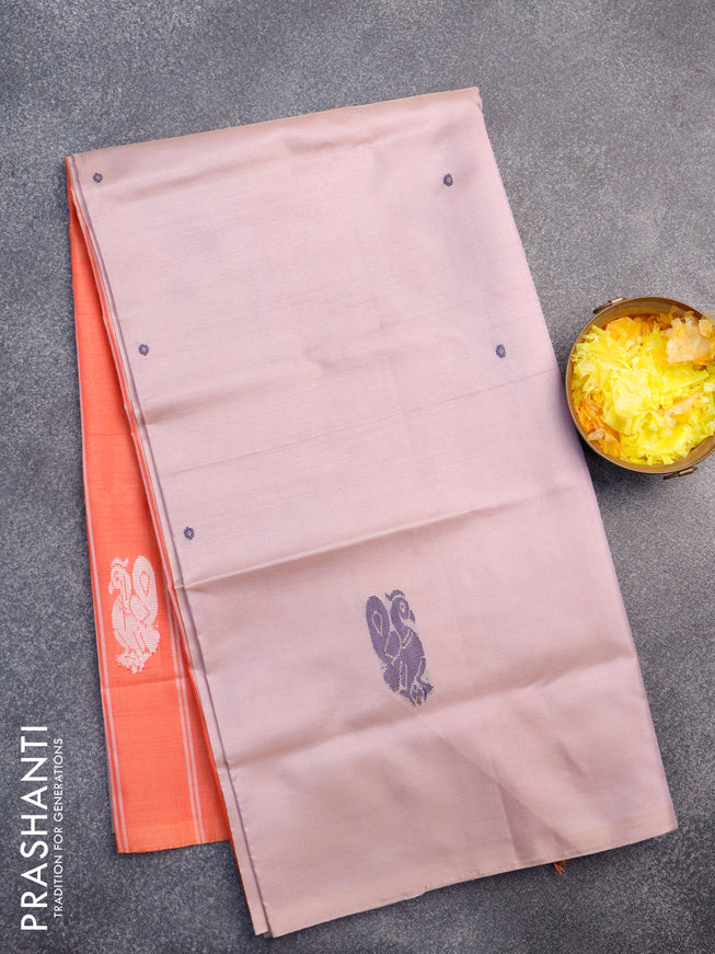 Banana pith saree baby pink shade and peach orange with thread woven buttas in borderless style with blouse