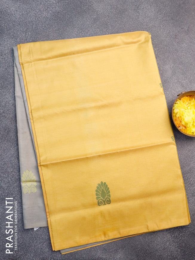 Banana pith saree mustard yellow and grey with thread woven buttas in borderless style with blouse